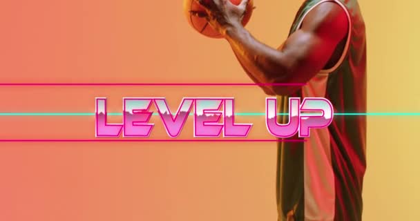 Animation Level Text Basketball Player Neon Background Sports Communication Concept — 비디오