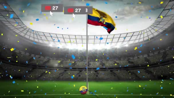 Animation Social Media Icons Confetti Falling Waving Ecuador Flag Sports — Wideo stockowe