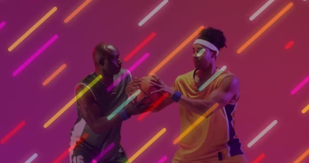 Animation Neon Lines Basketball Players Neon Background Sports Competition Communication — Vídeos de Stock