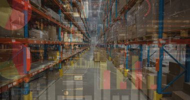 Image of graphs and financial data over warehouse. Finance, shopping and delivery business concept digitally generated image.