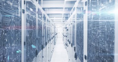 Composition of light trails and computer circuit board over server room. Global business, technology and digital interface concept digitally generated image.