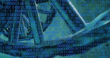 Image of dna rotating over binary code on green background. Science, biology, data processing and technology concept digitally generated image.