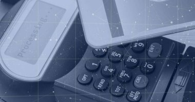 Composition of network of connections over smartphone and payment terminal. Global technology, computing and digital interface concept digitally generated image. clipart