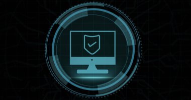 Composition of online security shield icon on black background. Global online security, computing and data processing concept digitally generated image.
