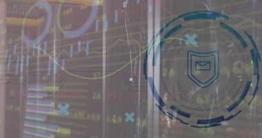 Composite of icon and data processing over computer servers. Global networks, business, finances, computing and data processing concept digitally generated image.