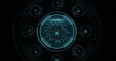 Composition of online security padlock icon on black background. Global online security, computing and data processing concept digitally generated image.