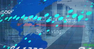 Composition of statistics and data processing over server room. Global computing and data processing concept digitally generated image.