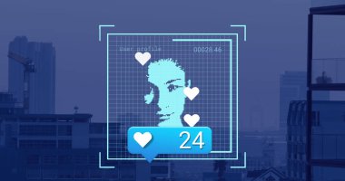 Composition of social media icons and data processing with woman portrait over cityscape. Global technology, computing and digital interface concept digitally generated image.