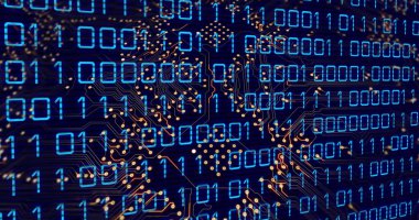 Composition of data processing over computer circuit board on black background. Global technology, computing and digital interface concept digitally generated image.