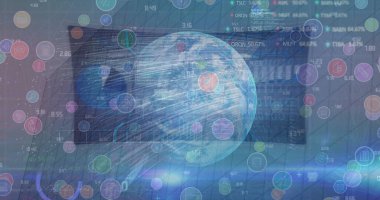 Composite of globe, digital data processing with network of connections with icons. Global networks, business, finances, computing and data processing concept digitally generated image.