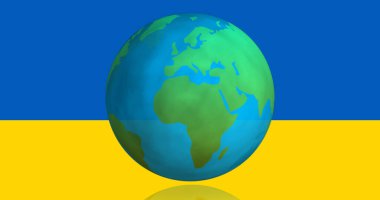 Image of globe over blue and yellow flag of ukraine. Ukraine crisis, politics and war concept digitally generated image.