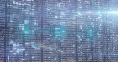 Composite of digital data processing with network of connections with icons. Global networks, business, finances, computing and data processing concept digitally generated image.