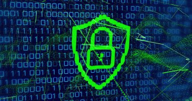 Composition of data processing over padlock icon on black background. Global technology, computing and digital interface concept digitally generated image.