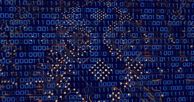 Composition of data processing over computer circuit board on black background. Global technology, computing and digital interface concept digitally generated image.