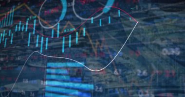 Image of financial data and graphs over navy background. economy, finance and technology concept digitally generated image.