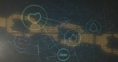 Composition of network of connections with icons over data processing on black background. Global technology, computing and digital interface concept digitally generated image.