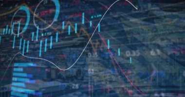 Image of financial data and graphs over navy background. economy, finance and technology concept digitally generated image.