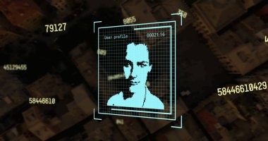 Composition of biometric photos and numbers with data processing. Global online security, computing and data processing concept digitally generated image.