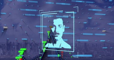 Composition of people icon and data processing over clouds and cityscape. Global business and digital interface concept digitally generated image.