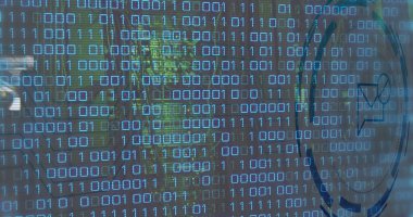 Composite of binary coding and data processing over computer servers. Global networks, business, finances, computing and data processing concept digitally generated image.