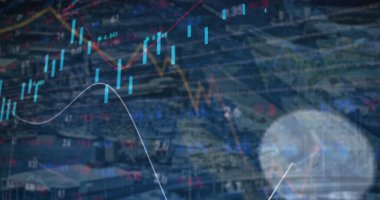 Image of financial data and graphs over navy background. economy, finance and technology concept digitally generated image.