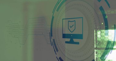 Composite of icon and data processing over computer servers. Global networks, business, finances, computing and data processing concept digitally generated image.