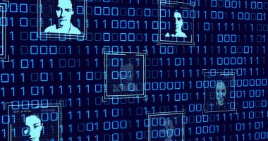 Composition of data processing over people portraits on black background. Global technology, computing and digital interface concept digitally generated image.