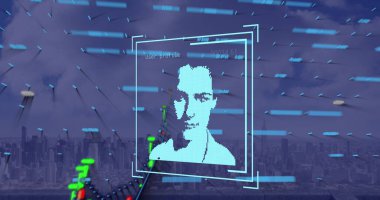 Composition of people icon and data processing over clouds and cityscape. Global business and digital interface concept digitally generated image.