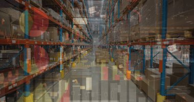 Image of graphs and financial data over warehouse. Finance, shopping and delivery business concept digitally generated image.