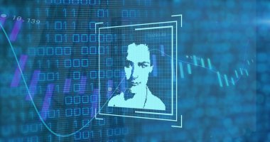 Composition of data processing with woman portrait over shapes. Global technology, computing and digital interface concept digitally generated image.