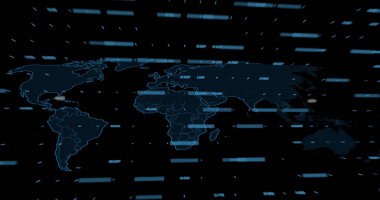 Composition of data processing over world map on black background. Global technology, computing and digital interface concept digitally generated image.