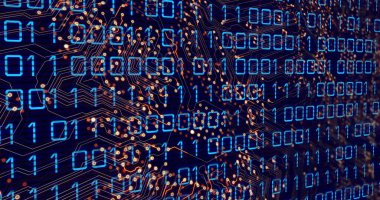 Image of binary code over integrated circuit. Computers, network and technology concept digitally generated image.