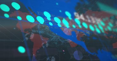Composition of data processing over world map. Global business, finances, connections, computing and data processing concept digitally generated image.