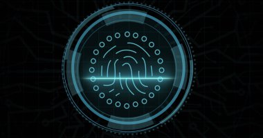 Composition of online security biometric fingerprint icon on black background. Global online security, computing and data processing concept digitally generated image.