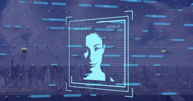 Composition of people icon and data processing over clouds and cityscape. Global business and digital interface concept digitally generated image.