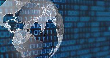 Image of globe and binary code on black background. data processing, network, computers and technology concept digitally generated image.