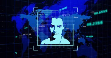 Image of financial data over world map and user photos on black background. business, finance, technology and digital interface concept digitally generated image.