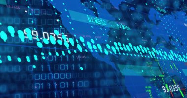 Composition of data processing over world map on black background. Global technology, computing and digital interface concept digitally generated image.