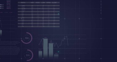 Image of circle over digital screen with financial graphs and data. Global finance, economy and technology concept digitally generated image.