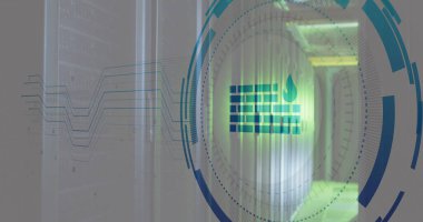 Composite of icon and data processing over computer servers. Global networks, business, finances, computing and data processing concept digitally generated image.