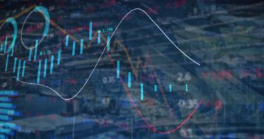 Image of financial data and graphs over navy background. economy, finance and technology concept digitally generated image.