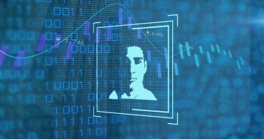 Composition of data processing with man portrait over shapes. Global technology, computing and digital interface concept digitally generated image.