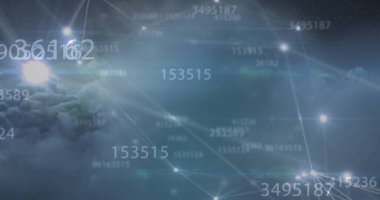 Image of numbers and computer code processing over cloudy sky. Global connections finance computer and digital interface concept digitally generated image.