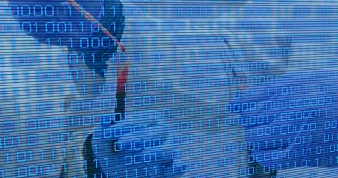 Image of binary code over hands of lab workers. Laboratory, medicine and technology concept digitally generated image.