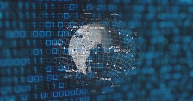 Image of globe and binary code on black background. data processing, network, computers and technology concept digitally generated image.