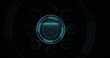 Composition of online security biometric fingerprint icon on black background. Global online security, computing and data processing concept digitally generated image.