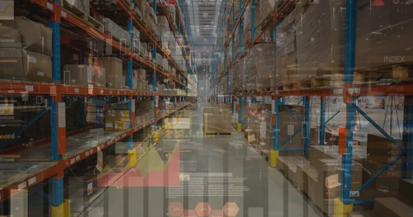 Image of graphs and financial data over warehouse. Finance, shopping and delivery business concept digitally generated image.