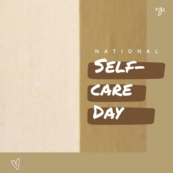 Composition of national self-care day text and copy space over brown background. National self-care day and mental health awareness concept digitally generated image.