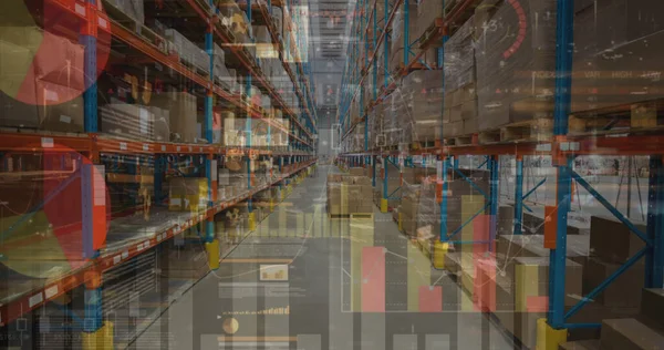 Image of graphs and financial data over warehouse. Finance, shopping and delivery business concept digitally generated image.