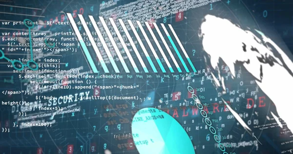 Image of graphs and data processing over globe and navy background. Data processing, connections, finance and technology concept digitally generated image.